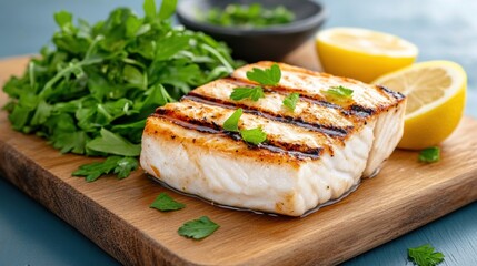 Grilled Fish Fillet with Fresh Herbs and Lemon Slices