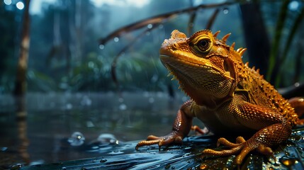 Close-up shot of a golden lizard resting on a branch with raindrops falling around it, in a tropical forest.