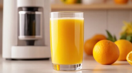 A glass of a juice is sitting on the counter next to oranges, AI