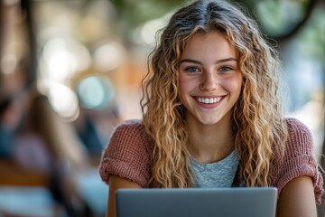 Happy female college student in lecture hall looking away, Generative AI
