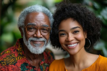 Happy African American woman walks with her senior father while visiting him at nursing home, Generative AI