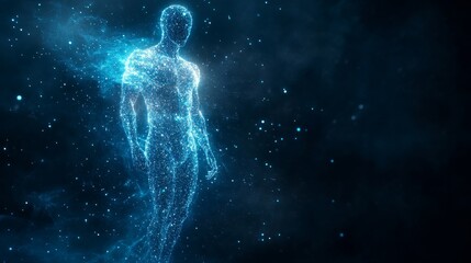 A luminous capsule dissolving mid-air, shimmering particles form a human silhouette, symbolizing futuristic healingSci-fi, neon blue and purple hues, soft glow