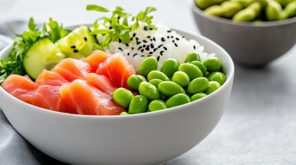 Fresh Salmon and Edamame in Healthy Bowls