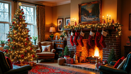Fototapeta premium Cozy living room decorated for Christmas with a tree, stockings on the fireplace, and candles glowing warmly. Festive atmosphere perfect for holiday celebrations and seasonal joy. 