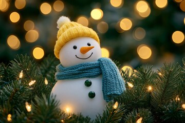 Cheerful snowman with a yellow hat and blue scarf surrounded by pine branches