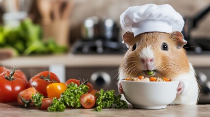 A small brown and white guinea pig with a chef hat eating from a bowl of vegetables, AI