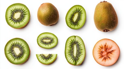 Fototapeta premium Fresh kiwi fruits sliced to showcase vibrant green flesh, perfect for healthy recipes and smoothie ingredients.
