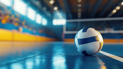 Volleyball resting on an indoor court with stadium lights in the background, ready for a match or practice