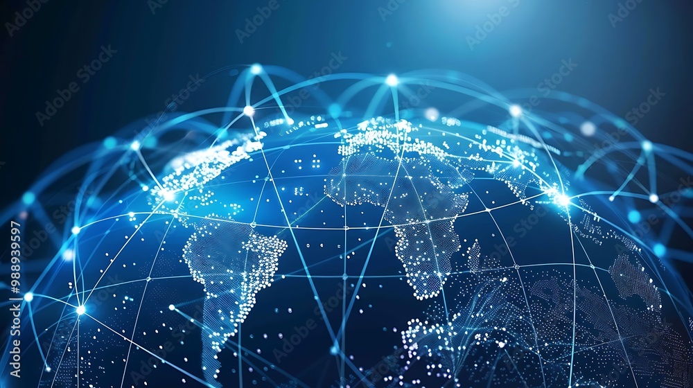 Poster digital rendering of the globe with lines connecting different parts of the world, symbolizing globa