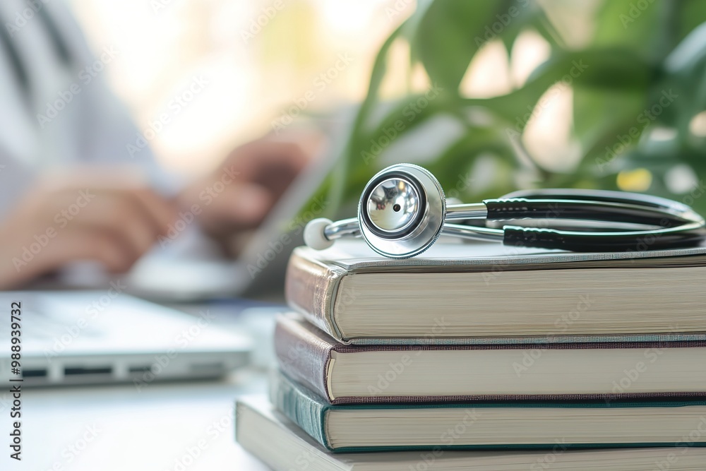 Wall mural stethoscope resting on medical books with a healthcare professional working in the background, symbo