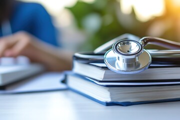 Stethoscope resting on medical books with a healthcare professional working in the background, symbolizing medical education and research