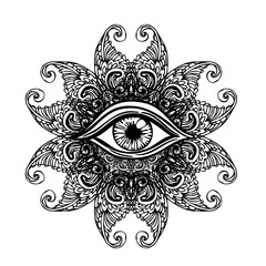 All seeing eye in ornate round mandala pattern. Mystic, alchemy, occult concept. Design for music cover, t-shirt , boho poster, flyer. Astrology, shamanism, religion. Coloring book pages for adults.