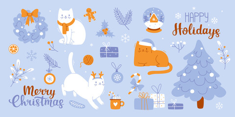 Christmas cozy set with cute cats. Vector winter season bundle with adorable kittens. Xmas  cartoon collection.