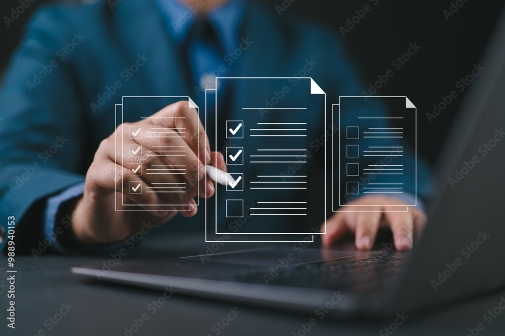 Poster Digital Checklists for efficient business management, Businessman touching marking on checklist guide to paperless assessment and Future Success, Streamlining operations with online surveys.