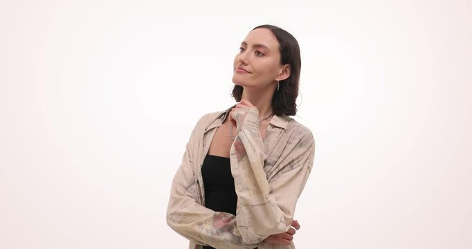 Woman dreams of peaceful life on seaside and imagines adventures on white background. Female dreams of visiting famous landmarks slow motion