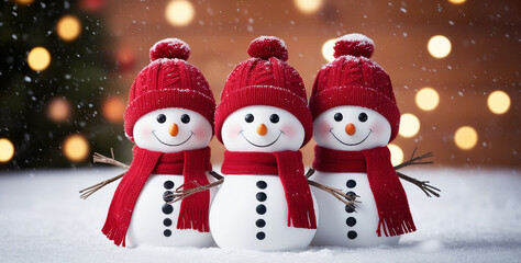 A trio of snowmen wearing red hats and scarves.