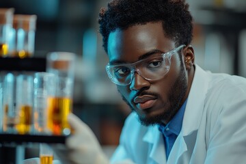 Young black scientist analyzing liquid in test tube while working in lab, Generative AI