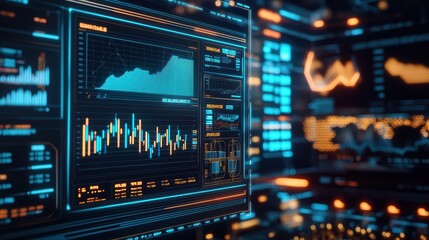 Fototapeta premium Futuristic data dashboard with vibrant graphs and statistics on screens.