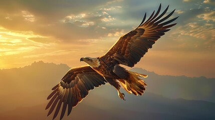 Fototapeta premium Majestic eagle soars through the golden sky at sunset, with its powerful wings spread wide.