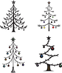 Set of minimalist Christmas trees with ornaments