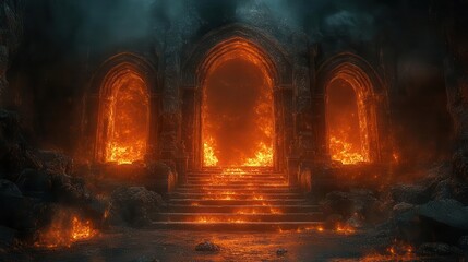 Fototapeta premium ancient stone archway illuminated by dramatic flame torches mystical atmosphere fantasy setting