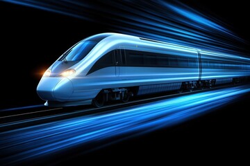 Fototapeta premium Futuristic high-speed train in motion, blue light trails on black background.