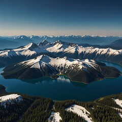 Aerial shot of snow-capped mountains with alpine lakes nestled in the valleys below, surrounded by lush evergreen forests under a clear blue sky 