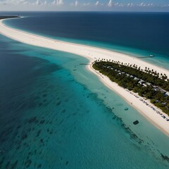 Aerial view of a crescent-shaped island with soft white sands and vibrant turquoise waters, bordered by palm trees swaying gently in the tropical breeze