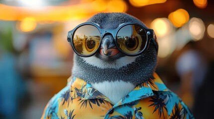 antarctic fashionista cool penguin sporting trendy sunglasses and colorful hawaiian shirt playful twist on wildlife photography humorous character perfect for summerthemed designs