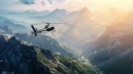 Helicopter flies above a majestic mountainous landscape during sunset. The golden light illuminates the peaks and valleys.