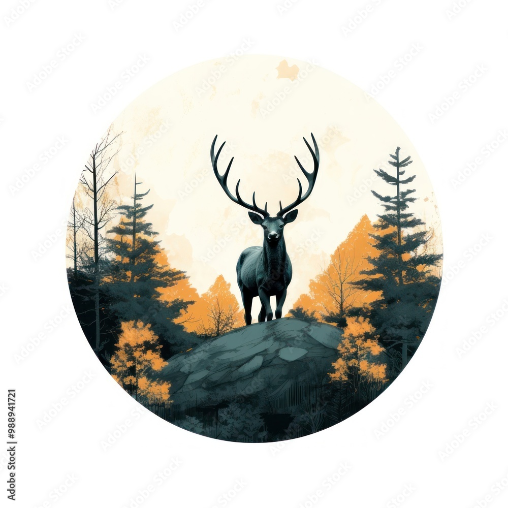 Sticker Autumn forest animal circle antler.