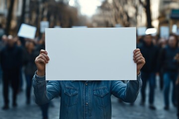 A person holds up a large blank sign in front of a crowded street during a protest march