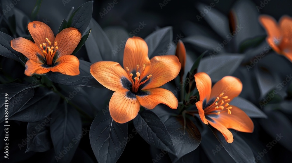 Wall mural closeup of vibrant orange tropical flowers in full bloom against a dark green foliage background lus