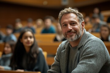Happy mature teacher talks to his students while holding presentation in lecture hall, Generative AI