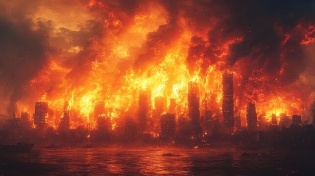 apocalyptic cityscape engulfed in raging inferno crumbling skyscrapers silhouetted against fiery sky dramatic depiction of urban destruction