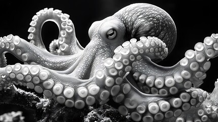 Obraz premium A black and white close-up of octopus tentacles wrapping around a coral branch, intricate detailing on the suction cups, symbolizing strength and flexibility, high contrast shading.