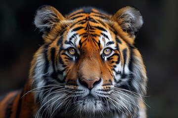 Fototapeta premium Tiger with piercing gaze, close up. Majestic predator exudes confidence and intensity. Rare endangered species highlights importance of wildlife conservation. Concept of biodiversity preservation