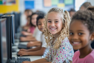 Obraz premium Multiracial group of elementary students having computer class with their teacher in classroom, Generative AI