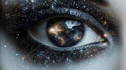 A black and white cosmic eye with stars and galaxies surrounding it, symbolizing vision and cosmic awareness, intricate detailing in the eye and celestial elements, soft shadows and highlights.