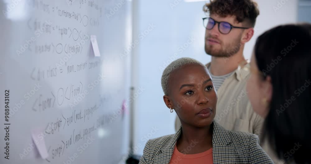 Leinwandbilder Business people, coding and communication with whiteboard for planning, problem solving and collaboration. Network or software engineers, team and discussion for algorithm design and development.