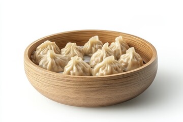 Delicious steamed dumplings in a wooden bowl, isolated on a white background.