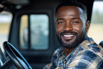 Obraz premium Happy black truck driver behind steering wheel in cabin looking at camera, Generative AI