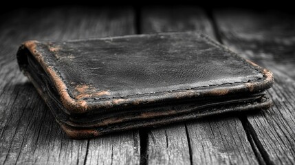 A weathered black leather wallet sits on a rustic wooden surface, its worn edges hinting at years of use and countless stories.