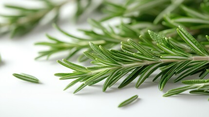 aromatic rosemary sprigs artfully arranged on a pristine white surface macro photography highlights the herbs texture needles and subtle color variations in a minimalist culinary still life