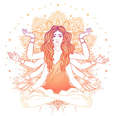 Fototapeta premium Beautiful woman with long hair and multiple hands sitting in lotus yoga position. Multi-armed goddess is Goddess Lakshmi, the Hindu goddess of wealth, fortune, and prosperity. Vector detailed isolated