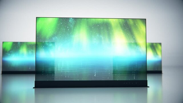 Presentation Of Three Flat Screens Translucent Tv From The Future Invisible Tv Oled Technology Plasma Displaying Idyllic Abstract Animation On A Screen Sleek Clean Seethrough New Technology