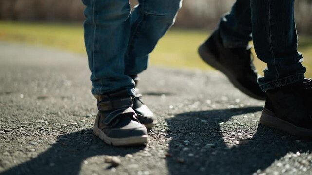 A close-up of an adult and a child wearing jeans and boots walking on a pavement, their shadows are reflected on the ground, and the pavement shows a minor pothole