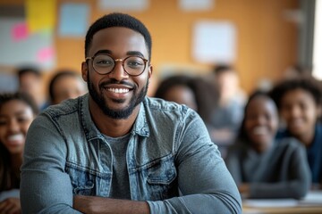 Obraz premium Happy black adult education teacher with group of students in classroom looking at camera, Generative AI