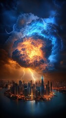 Obraz premium Dramatic storm clouds swirling over a city skyline, with lightning bolts striking in the distance, intense weather scene