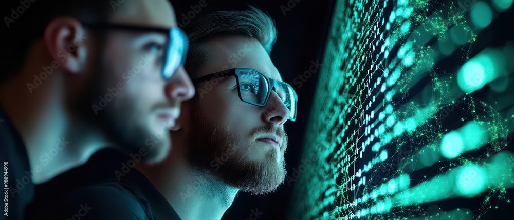 Poster two individuals observing a digital display with glowing data patterns.